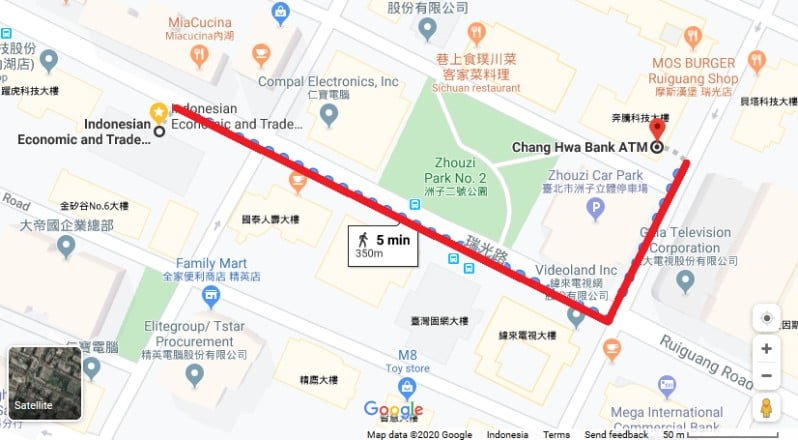 Arah dari KDEI ke Chang Hwa Bank terdekat (Google maps)