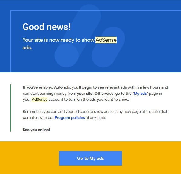 Example of an acceptance email from Google AdSense