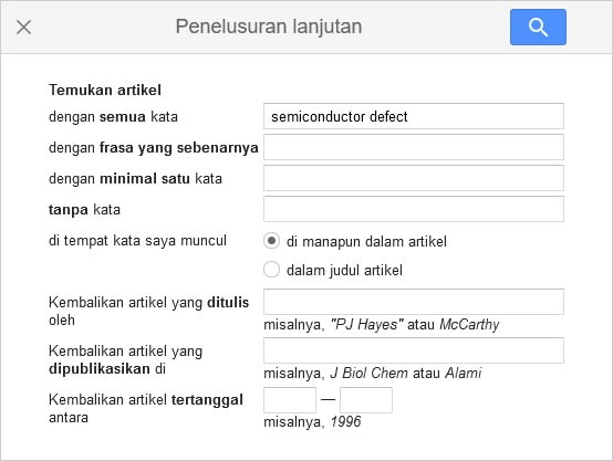 Kotak dialog penelusuran lanjutan