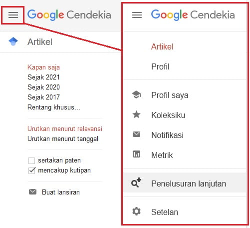 Menu Penelusuran lanjutan pada Google Cendekia