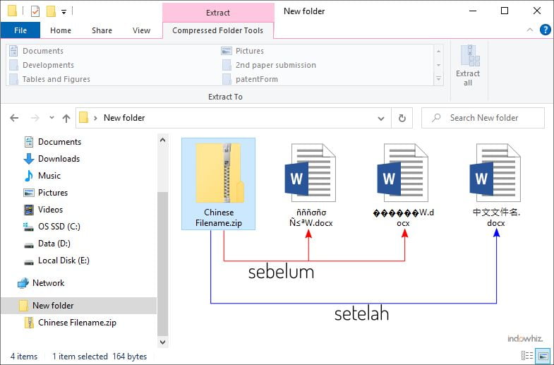 Ekstraksi berkas dari zip sebelum dan sesudah mengubah pengaturan pada Windows.