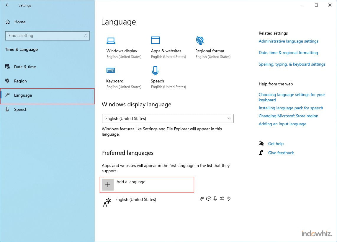 Language settings on Windows 10