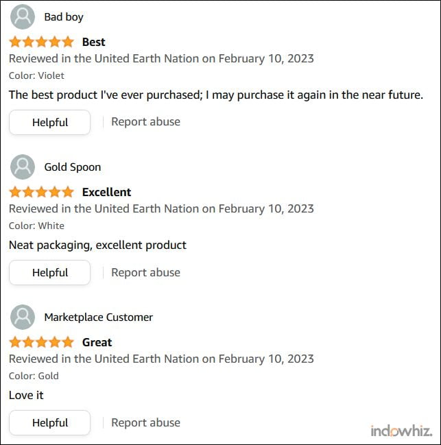 Examples of fake ratings and reviews