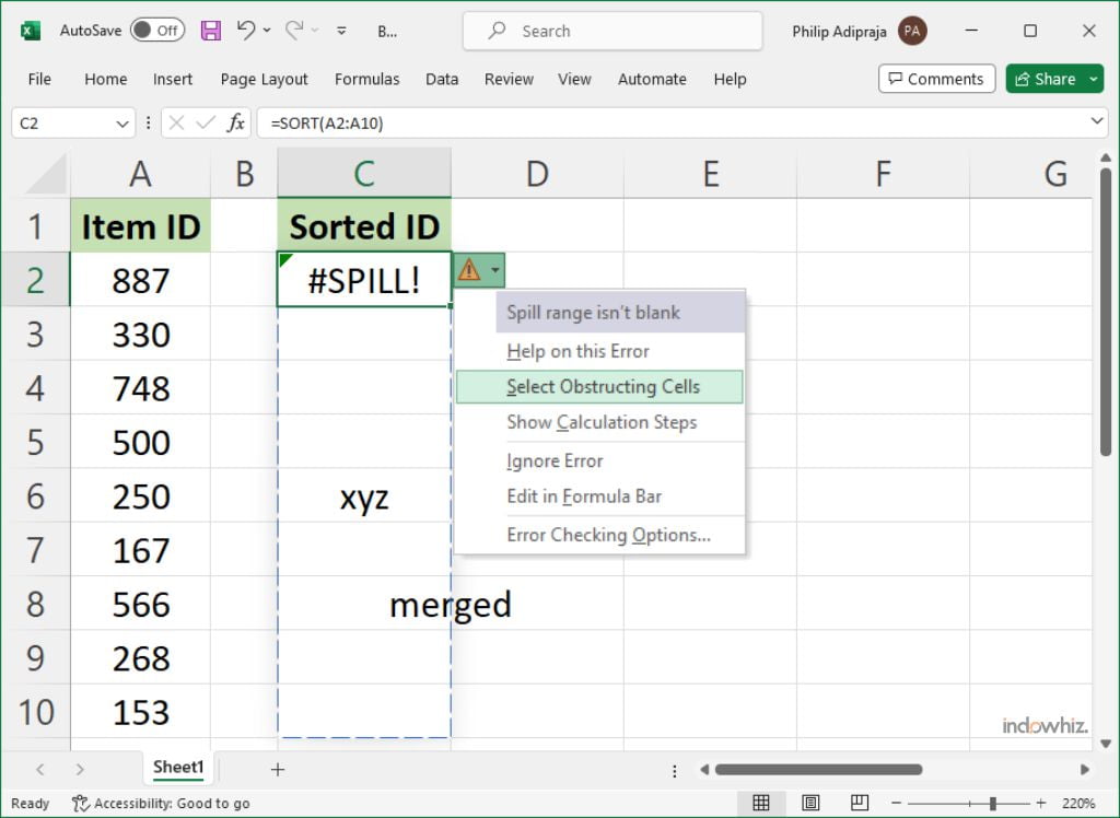 Example of #SPILL! error because of obstructing cells